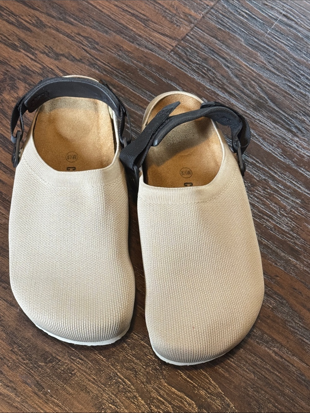 Beige Knit Slip-On Mules with Black Adjustable Back Strap